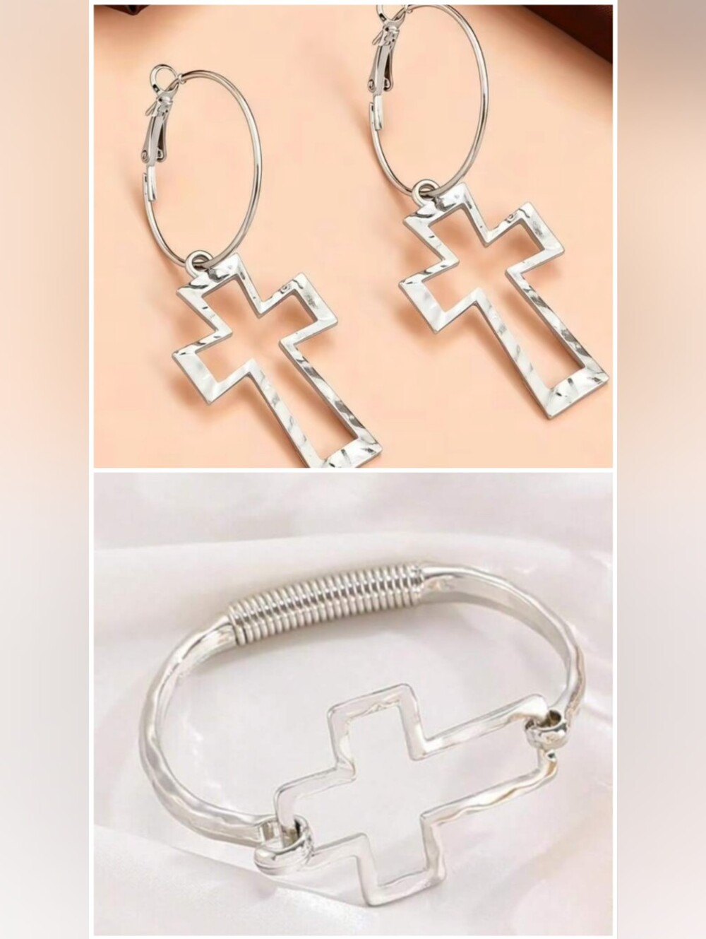 Brand New Matching Silver Tone Cross Earrings and Bracelet Set